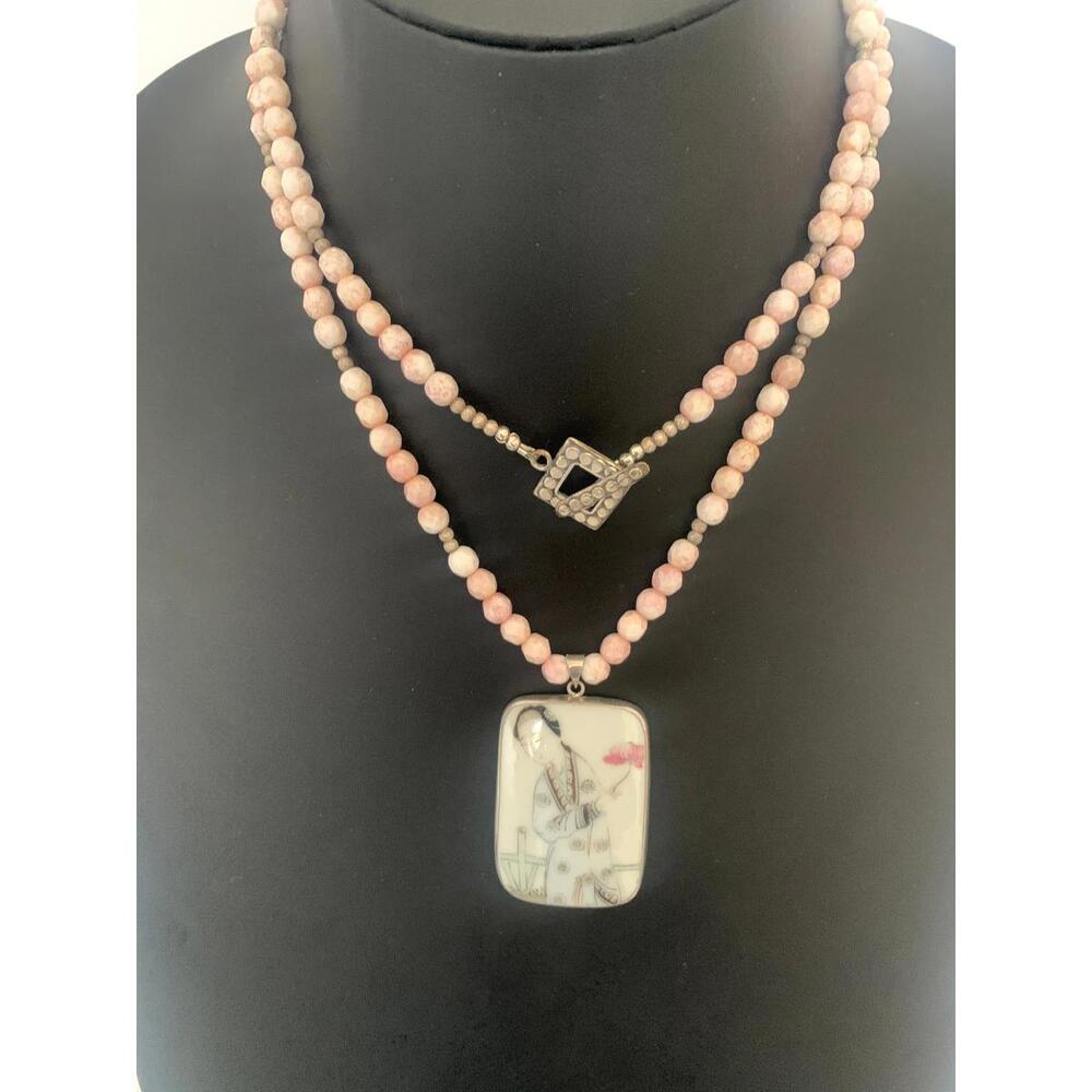 Vintage Chinese Porcelain Shard Necklace, Sterling & Pink Czech Glass - Picture 1 of 9